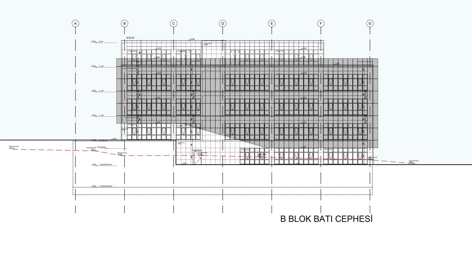 Medeniyet Üniversitesi Teknopark Kampüsü — B blok batı cephesi ve kesit ilişkisi