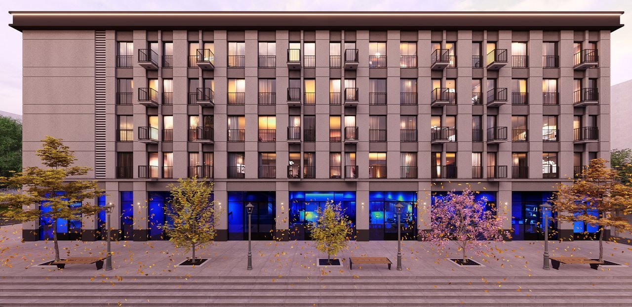 Albert Houses — akşam cephesi; set üstündeki çarşı vitrinleri