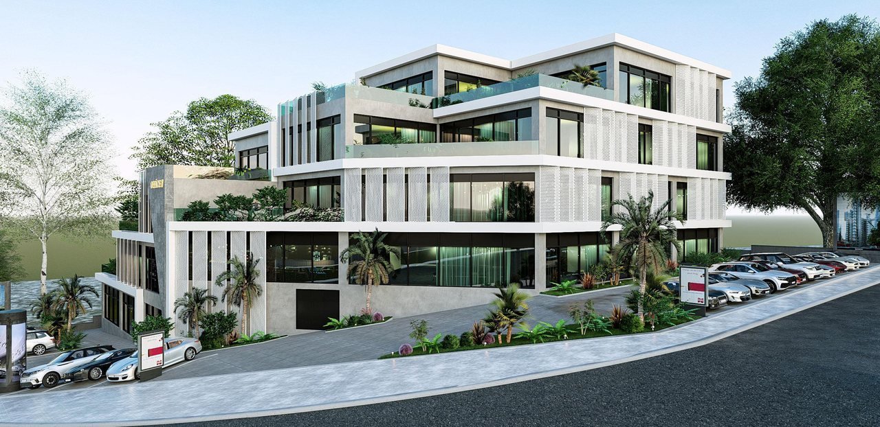 Zaha Pyramid Office — caddeden yapının tümü; kademeli teraslar