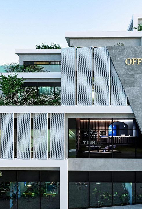 Zaha Pyramid Office — caddeden yapının tümü; kademeli teraslar